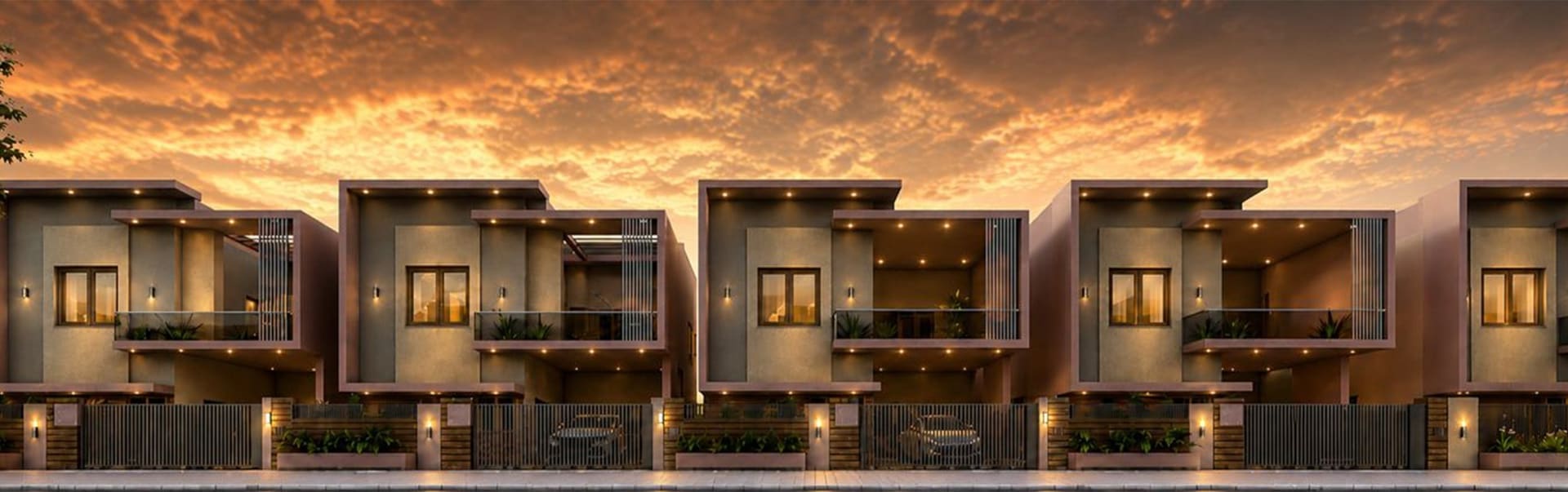 Swarnabhoomi Banyan Villas at twilight